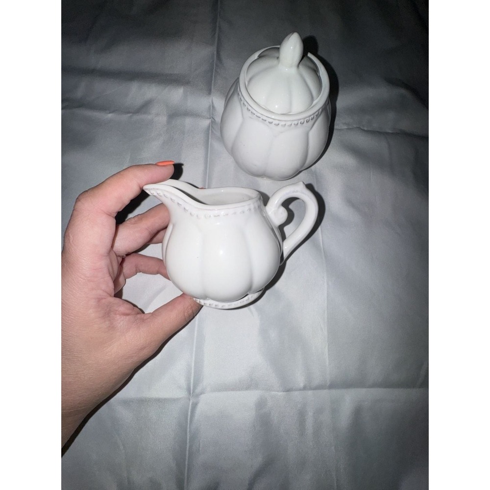 Cellini White Ceramic Pumpkin Creamer and Sugar Bowl Set Glossy Farmhouse
